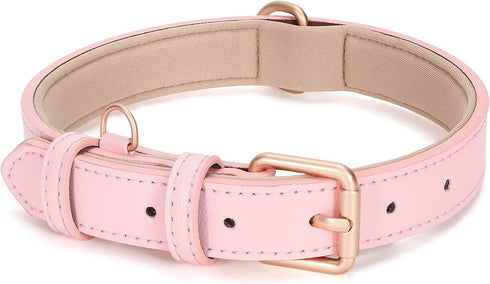 WHIPPY Adjustable Leather Dog Collar, Soft Breathable Padded Puppy Collar for Small Medium Large Dogs, Pink, S