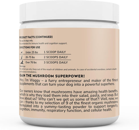 Immune Support Mushroom Powder for Dogs, Organic Mushroom Complex for Immunity and Longevity - 90 Scoops