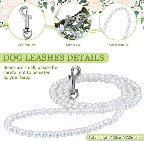 2 Pcs Dog Flower Collar Wedding and Leash Set with Pearls, Adjustable Floral Collars for Medium Dogs