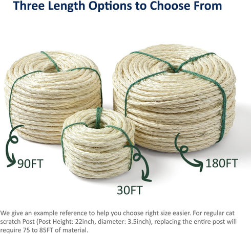 Cat Natural Sisal Rope for Scratching Post, Hemp Rope for Repairing or DIY Scratcher, White, 180FT