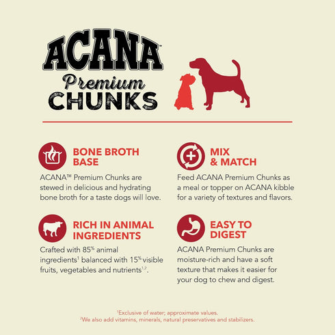 Pack: 12.8oz (6 Count, 3 ACANA Premium Chunks in Bone Broth Grain-Free Wet Dog Food Variety Beef + Poultry Recipes Cans