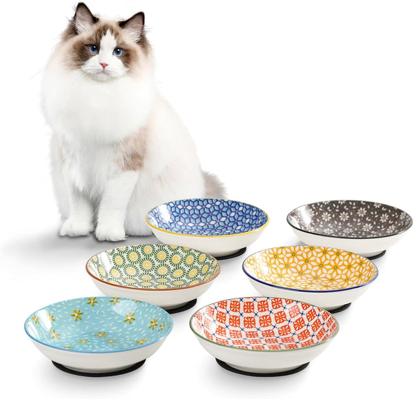 Ceramic Cat Bowls Set of 6, Floral Series Colorful Dishes with Non-Slip Mat, 5.75" Shallow Wide Cat Food Plate