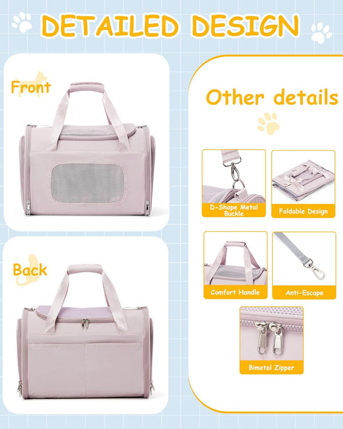 Soft Pet Carrier for Cats and Dogs, Airline Approved Travel Carrier for Pets Up to 20lbs, Collapsible Design (Pink)