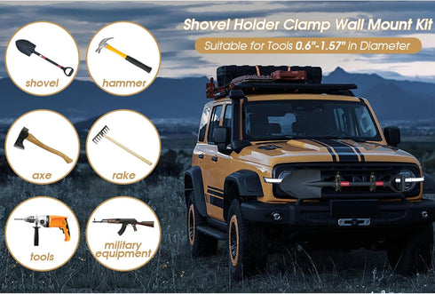Shovel Mount for Roof Rack, Truck Bed, Offroad Roof Rack Axe Holder, Quick Fist Mount Clamps Fit 0.67" to 1.57" D Tools