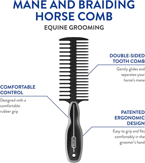 WAHL Professional Animal Mane & Tail Brush - Ergonomic Black Braiding Comb (#858708) for Grooming
