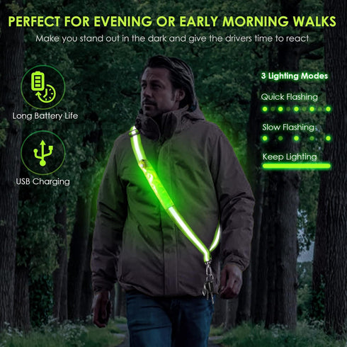 LED Belt Reflective Sash for Walking at Night - High Visibility Adjustable Safety Gear for Runners