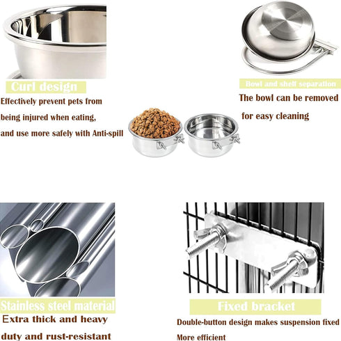 2 PCS Anti-Spill Stainless Steel Pet Bowls, Metal Feeder Food and Water Bowl, Hanging Pet Cage Crate Bowl for Medium