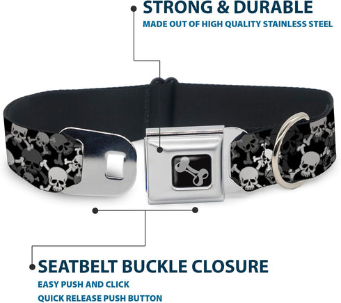 Buckle-Down Dog Collar Seatbelt Buckle, Top Skulls Stacked Black Gray White, 11 to 17 Inches, 1.0 Inch Wide