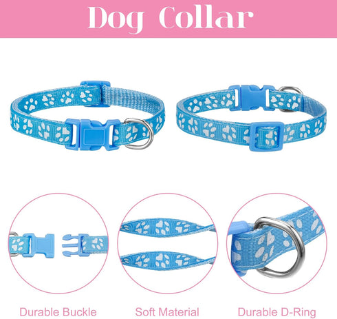 2 Packs Dog Collar and Leash Set, Quick Release Buckle Adjustable Paw Print Puppy Collar for Small Dogs