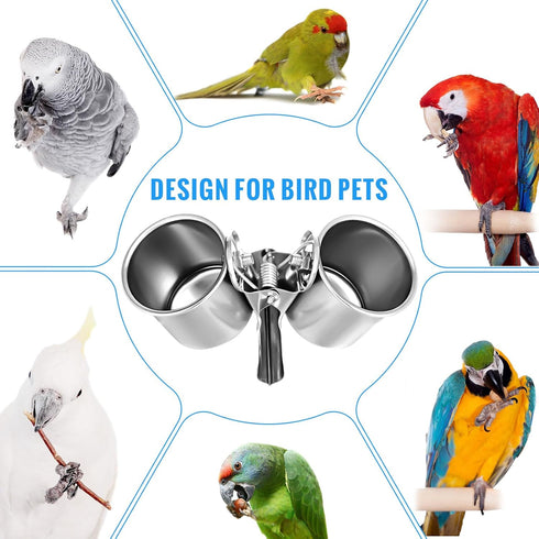 2 Tioncy Pcs Clip on Water Bowl for Birds Parrot Feeding Double Cups Dishes Hanging Stainless Steel Food Water Bowls