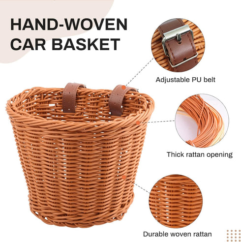 Kids Hand-Woven Multi-Color Bicycle Basket, Front Bike Basket for Boys and Girls
