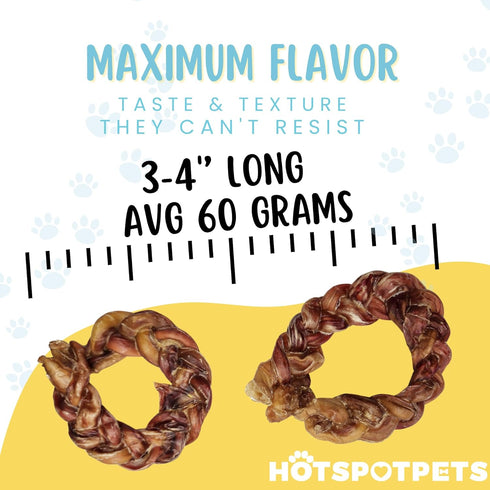 hotspot pets Braided Bully Stick Rings for Dogs - Premium All Natural Long Twisted Beef Pizzle Chew Treats