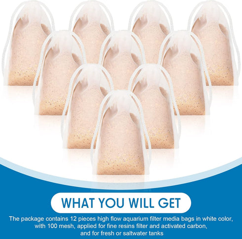 Shappy 12 Pieces Small Aquarium Filter Bags, 150 Micra Fine Filter Media Bags, High Flow Nylon Mesh with Drawstring