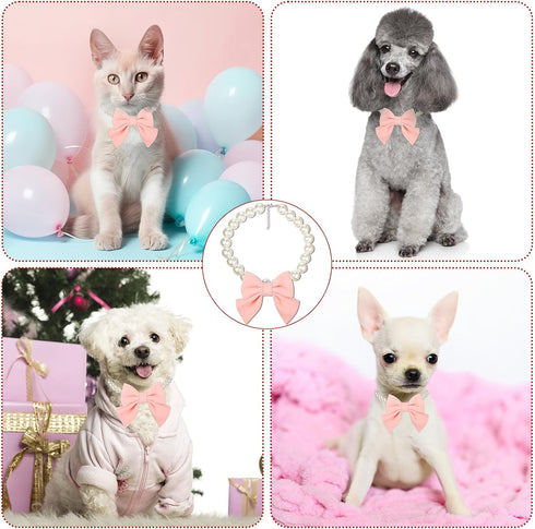 LEIFIDE Dog Pearls Collar Necklace with Pink Bow Pendant, Adjustable Jewelry for Wedding Birthday Pet Grooming (8 Inch)