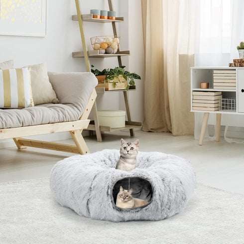 HAITRAL 2-in-1 Plush Cat Tunnel Bed,Cat Toys Cat Tube for Indoor Cats,Collapsible Washable Donut Cat Bed Cat Play