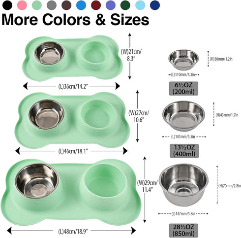 Dog Bowls 2 Stainless Steel Bowls for Pet Water and Food Feeder with Non-Spill Skid Resistant Silicone Mat