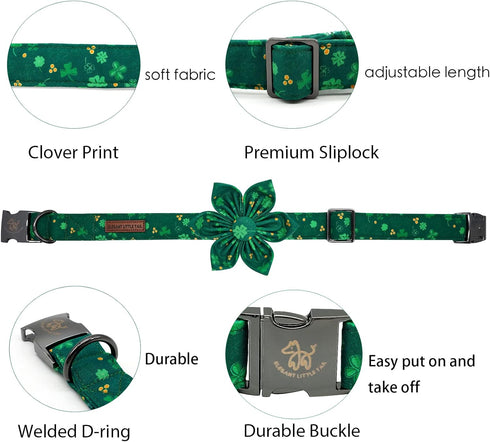 Elegant little tail St. Patrick's Day Dog Collar, Dog Collar with Flower, Green Clover Dog Collar Pet Gift Dog Flower Adjustable Dog Collar for X-Large Dogs