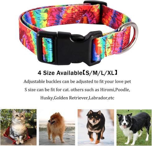 Dog Collar Pet Funny Rainbow Adjustable Collars with Tie Dye Leash - Multicolor Set for Small Medium Large Dogs