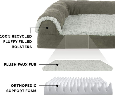 Furhaven Orthopedic Dog Bed for Large/Medium Dogs, Removable Bolsters & Washable Cover, Two-Tone Plush Faux Fur, Dark