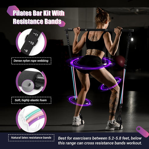 Pilates Bar Kit with Resistance Bands, Multifunctional Exercise Bar with Ab Roller for Weight Loss, Portable Home Gym