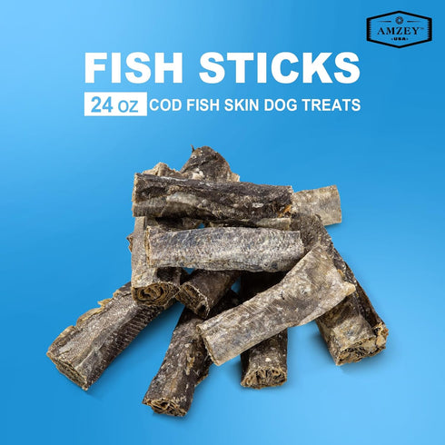 Amzey Cod Skin Dog Treats, 24 OZ, Pack of 4 Resealable Bags, 100% Natural Dried Cod Fish Chews, High Protein Omega-3