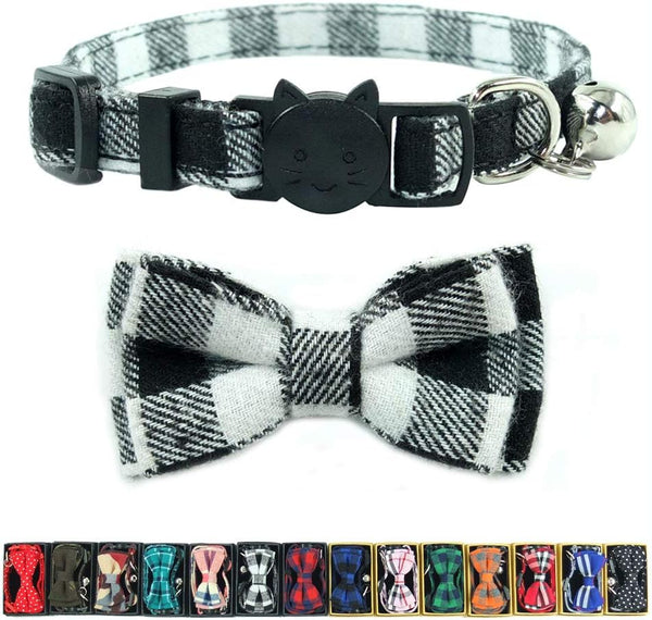 Cat Collars Breakaway with Bell and Bow Tie, Adjustable Safety Plaid Design for Kittens (6.8-10.8in) - Black Plaid