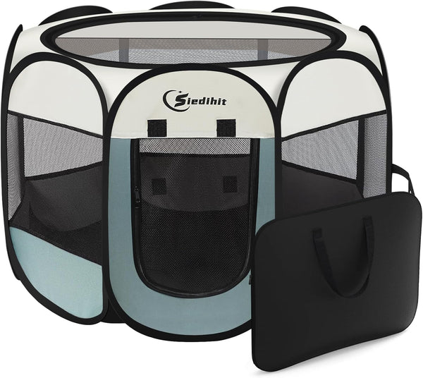 Dog Playpen, Portable Indoor Outdoor Pet Playpen for Small Dogs, Removable Zipper Top, Grey