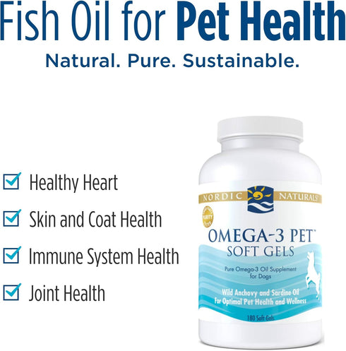 Nordic Naturals Omega-3 Pet, Unflavored - 180 Soft Gels, Fish Oil for Dogs with EPA & DHA for Heart and Skin Health