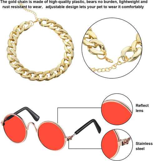 7 Pieces Sunglasses for Cats and Dogs, Gold Chain Costume, Funny Cute Retro Pet Cosplay