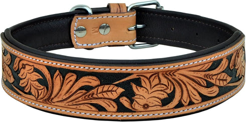 AffilareLeather Dog Collar, Western Style, Heavy Duty Hand Tooled, Adjustable Padded for Puppies and Big Dogs