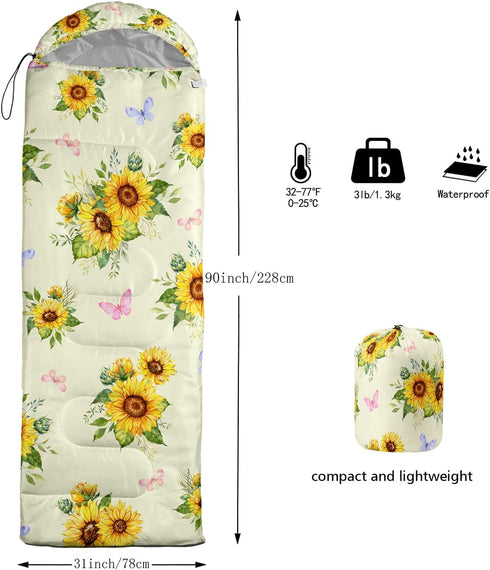Sunflower Sleeping Bags for Adults Kids, Yellow Lightweight Waterproof Camping Sleeping Bag for All Season