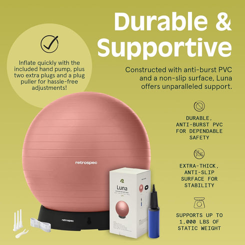 Retrospec Luna Exercise Ball with Pump - Anti-Burst Fitness Equipment for Yoga, Core Training & Stability - Home Gym