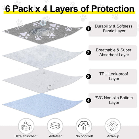 BEAUTYZOO 6 Pack Washable Pee Pads for Dogs, Reusable, Waterproof, Super Absorbent, Non-Slip Mats
