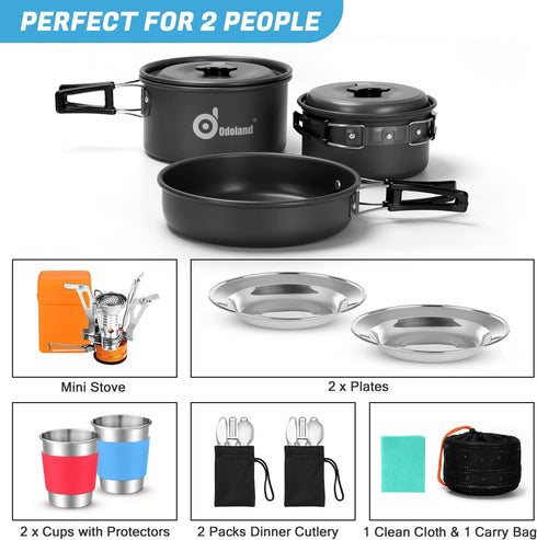 Odoland 16pcs Camping Cookware Mess Kit - Folding Camping Stove, Non-Stick Pots Pan Set for Outdoor Cooking