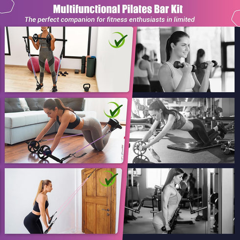 Pilates Bar Kit with Resistance Bands, Multifunctional Exercise Bar with Ab Roller for Weight Loss, Portable Home Gym