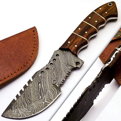 Rare Custom Blood Grooved Damascus Tracker Survival Knife with Full Tang Handle and Genuine Leather Sheath (TR-80)