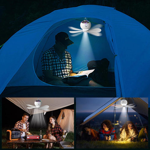 Portable Camping Fan with LED Lantern, Rechargeable Ceiling Fan with Remote Control for Tent and RV