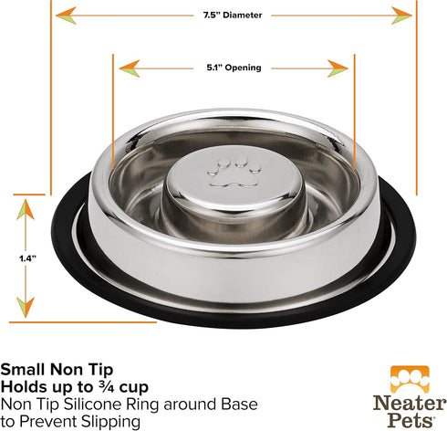 Neater Pet Brands Stainless Steel Slow Feed Bowl, Non-Tip & Non-Skid for Dog Food Gulping and Indigestion