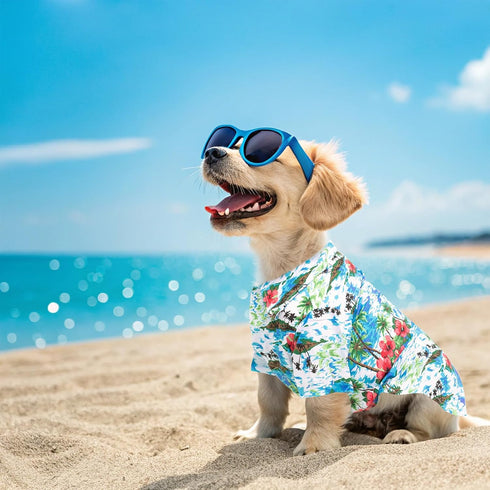 EXPAWLORER Dog Hawaiian Shirt, Summer Clothes, Breathable Polo T-Shirts with Floral and Sea Island Pattern
