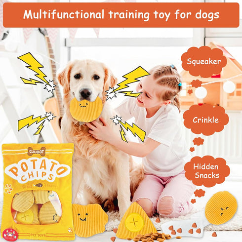 Treat Dispensing Dog Toys, Crinkle Squeaky Interactive Puzzle Toys for Medium and Large Dogs (Potato Chips)