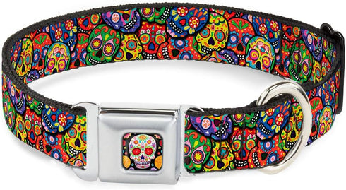Buckle-Down Dog Collar Seatbelt Buckle - Colorful Calaveras Stacked Multi Color, 1.5 Inch Wide, 16 to 23 Inches