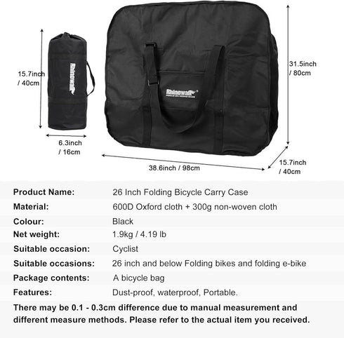 Rhinowalk 20/26inch Folding Bike Bag, Waterproof Bicycle Travel Case for Outdoors Bike Transport