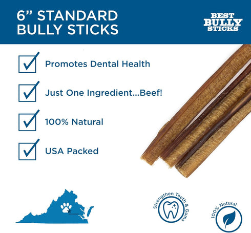 Best Bully Sticks 6 Inch Bully Sticks, 8 oz (Pack of 1) - Natural Grass-Fed, Grain and Rawhide Free for Medium or Large