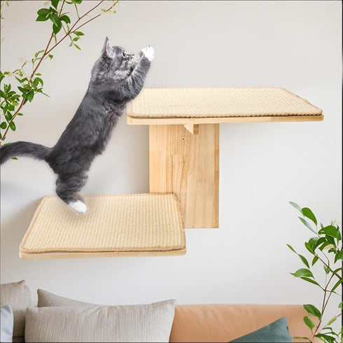 2 2 Cat Wall Shelves, Wall Mount Adult Cat Tree with Steps Sisal Scratch Mats, Solid Wood Kitten Bed Pet Climber