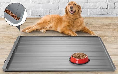 Large Dog Mat for Food and Water - 39.4" x 27" Waterproof Pet Feeding Mats with Residue Collection Pocket (Light Grey)
