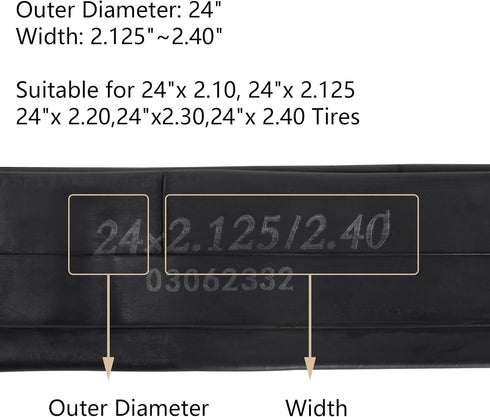 RUTU 24 inch Bike Tube 24x2.125/2.40 AV32mm Schrader Valve, Compatible with 24x2.10 24x2.125 24x2.20 24x2.30 24x2.40, 2