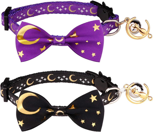 2 PCS Breakaway Cat Collar with Bow Tie and Bell, Golden Moon Glowing Star in The Dark for Kitten (Black & Purple)