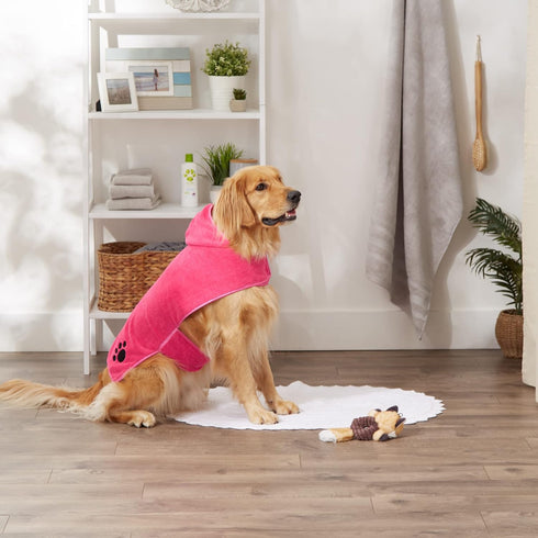 Bone Dry Pet Robe Collection, Embroidered Absorbent Microfiber Bath Robe with Adjustable Closure, for Dogs & Cats