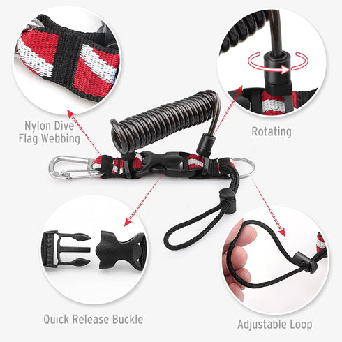 Scuba Diving Lanyard, Heavy Duty Stainless Steel Spring Coiled with Quick Release Buckle and Dive Flag Webbing Strap