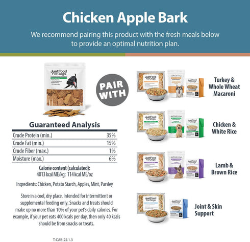 JustFoodForDogs Healthy Dog Treats, Limited-Ingredient Chicken Apple Bark, Made in The USA, 5 oz